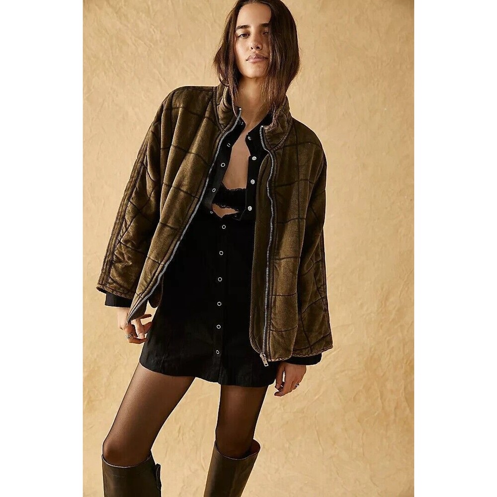 Free People Dolman Quilted Knit Jacket Top Oversized Zip-up Slouchy L NEW 275476
